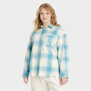 Oversized Flannel Long Sleeve Collared Button-Down Shirt - Blue Plaid XL